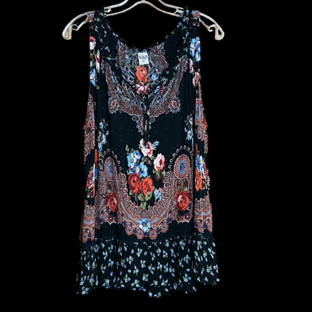Bila Lightweight Floral Tank with Ties at V-Neck. Ruffled Edge Neck & Ruffle Hem - Picture 10 of 12